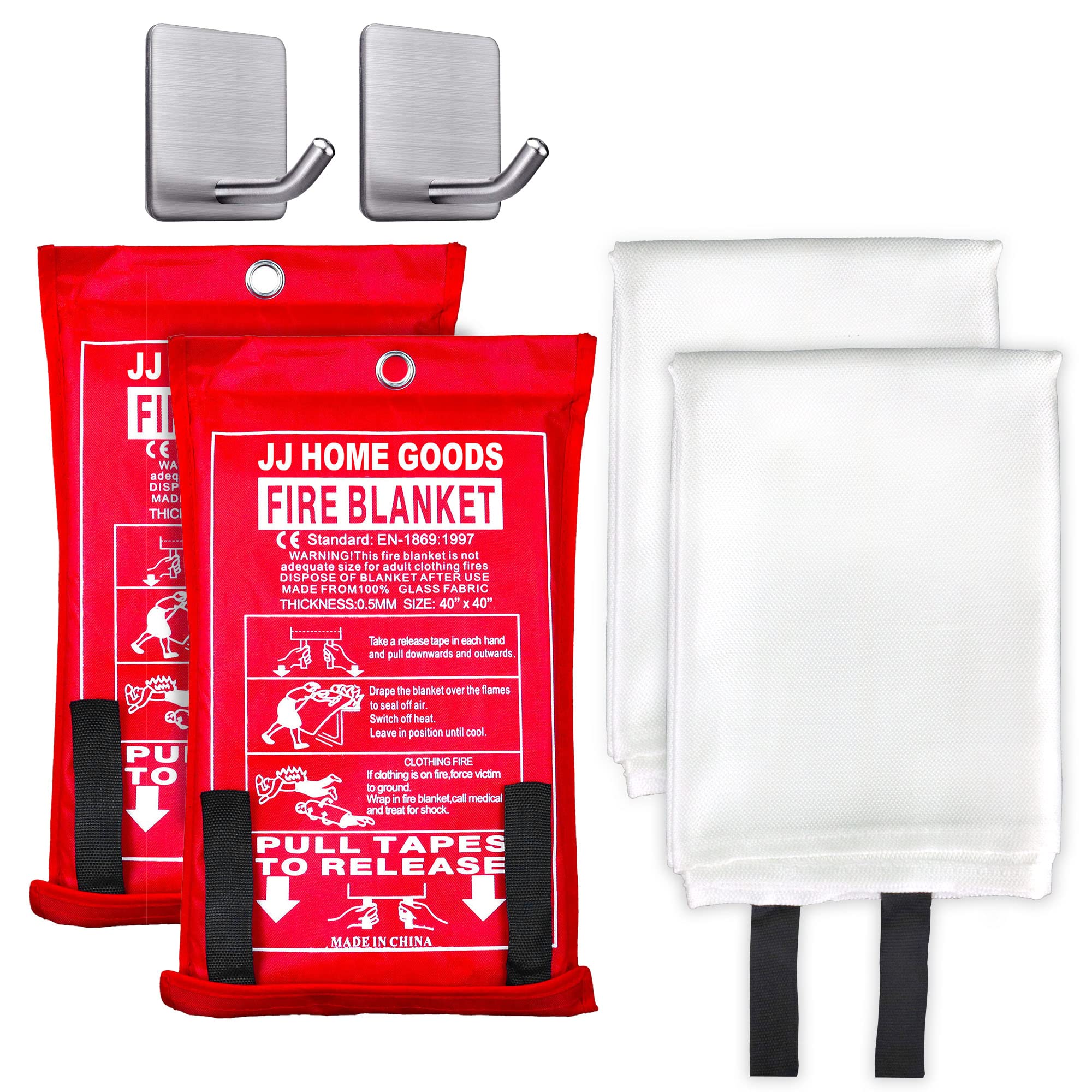 JJ CARE Fire Blanket for Home 40x40 + 2 Hooks & 1 Black Grips, Fire  Suppression Blanket, Emergency Fire Blanket for People, Fire Blanket  Kitchen, Emergency Use - White 